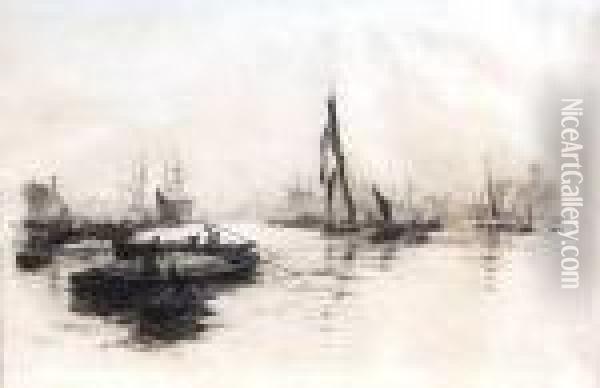 Limehouse Reach From Limehouse Pier Oil Painting - William Lionel Wyllie