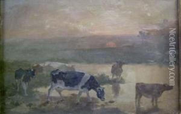 Cows Watering At Twilight Oil Painting - William Langson Lathrop