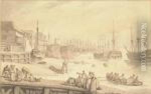 The West India Docks, Blackwall, With Warships Lying On The Stocks Oil Painting - Thomas Rowlandson