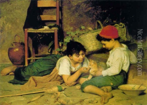 Playmates Oil Painting - Luigi Bechi