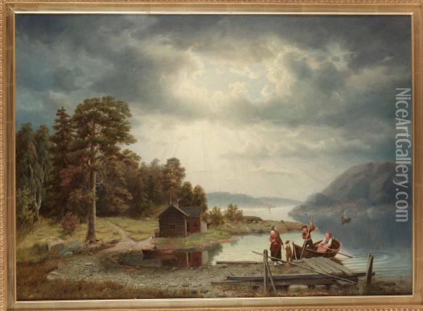 Sjolandskap Med Manniskor Vid Brygga Oil Painting - Peter Eskilson