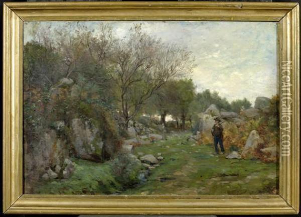A French Landscape With Young Shepherd Oil Painting - Adolphe Guillon