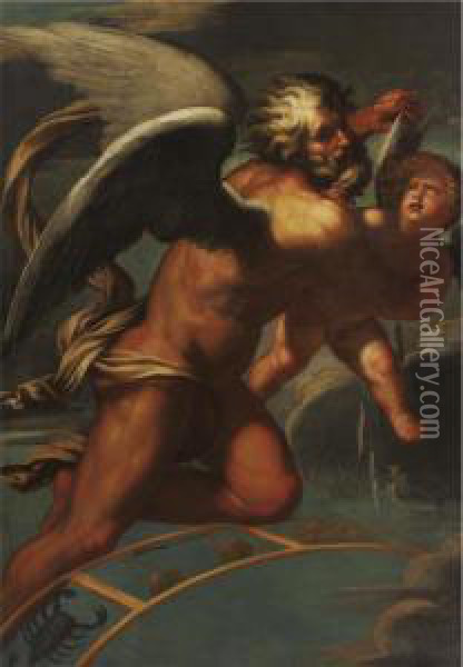 Time Plucking The Wings Of Eros Oil Painting - Giov. Ant.De'Sacchis Pordenone