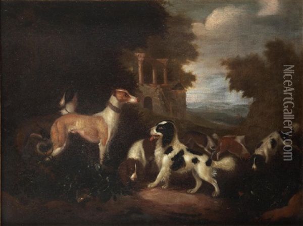 Dogs In A Landscape; And Dogs Before Ruins, A Landscape Beyond (2) Oil Painting - Adriaen Cornelisz Beeldemaker