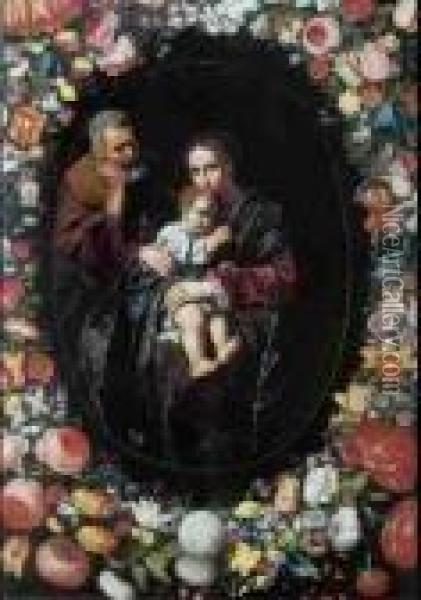 Heilige Familie In Einem Von Einem Blumenkranz Gerahmten Medaillon Oil Painting - Jan Brueghel the Younger