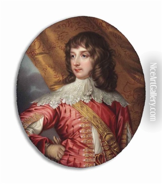 William Russell, 1st Duke And 5th Earl Of Bedford (1613-1700), Wearing Pink Doublet Slashed To Reveal White, Wide White Lace Collar, Gold Sword Belt Across His Chest, Embroidered Curtain Background Oil Painting - Henry-Pierce Bone