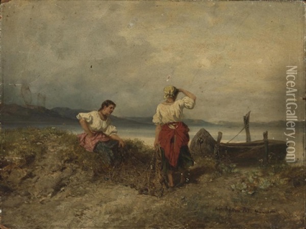 Two Fisherwomen Holding A Net By A Lake Oil Painting - Pal (Paul) Boehm