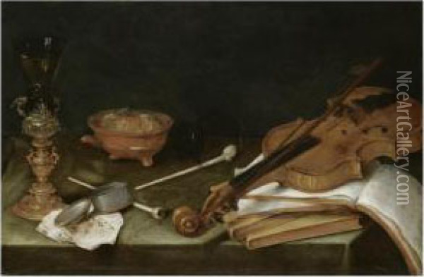 Still Life With Smoking 
Implements, A Gilt Glass Holder, A Violin And A Pile Of Books: 'the Five
 Senses' Oil Painting - Pieter Claesz.
