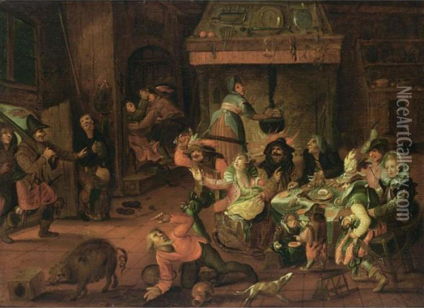 Peasant Family In An Interior Threatened By Soldiers Oil Painting - David Vinckboons