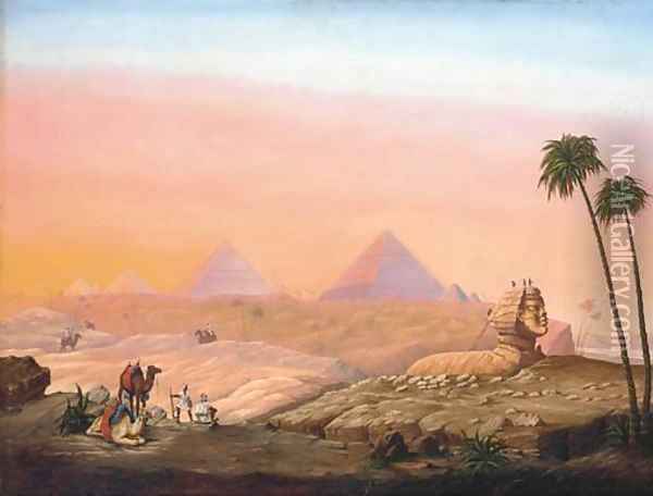 The Sphinx and Pyramids at sunset Oil Painting - Continental School