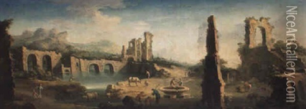An Extensive River Landscape With Herdsmen And Cattle Among Ruins Oil Painting - Gennaro Greco