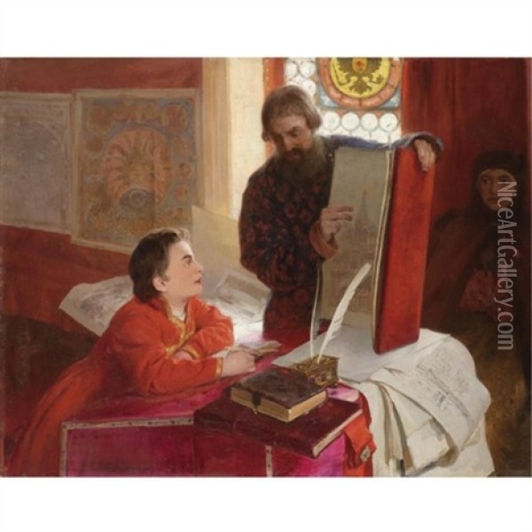 The Dyak Zotov Instructing The Tsarevich Petr Alexeevich In His Letters Oil Painting - Klavdiy Vasilievich Lebedev