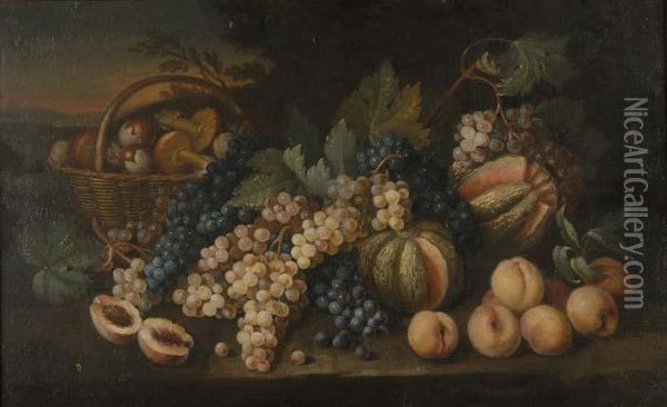 Natura Morta Con Uva, Funghi,pesche E Meloni. Oil Painting - Ludovico Caffi