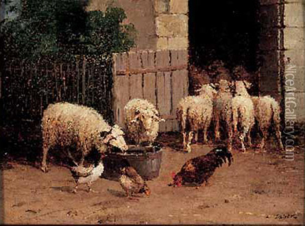 Moutons Et Poules A La Bergerie Oil Painting - Louis Darey