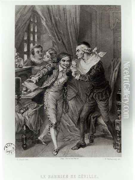 Figaro, illustration from Act III Scene 12 of The Barber of Seville by Pierre Augustin Caron de Beaumarchais 1732-99 engraved by Ferdinand Delanoy fl.1850 1874 Oil Painting - Pierre Gustave Eugene (Gustave) Staal