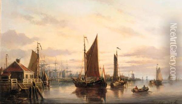 A View Of The Ij, Amsterdam, With Various Shipping Near Hetslagthuys Oil Painting - Johannes Hilverdink