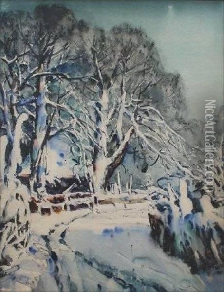 Snowy Winter Road Oil Painting - Yamada Baske