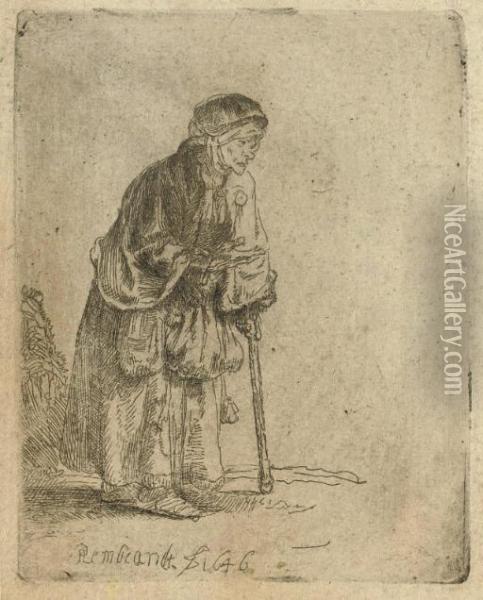 A Beggar Woman Leaning On A Stick (b., Holl. 170; H. 219) Oil Painting - Rembrandt Van Rijn