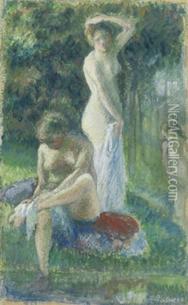 Baigneuses S'essuyant Au Bord De L'eau Oil Painting - Camille Pissarro