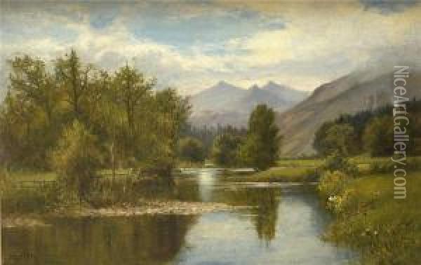 Bewaldeter Flusslauf Mit Nebelverhangenem Felsmassiv Oil Painting - George Wells