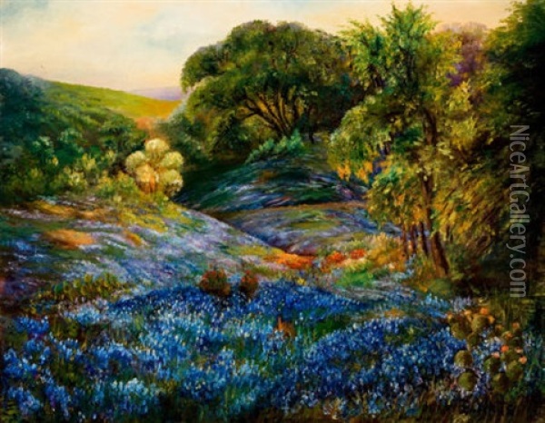 Landscape With Blue Bonnets Oil Painting - Beujah Watts