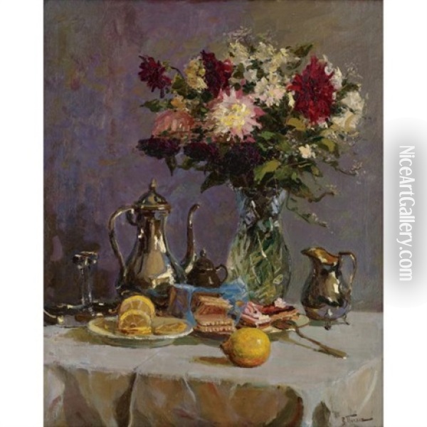 Still Life With Teapot And Flowers Oil Painting - Vladimir Nikolaevich Pchelin