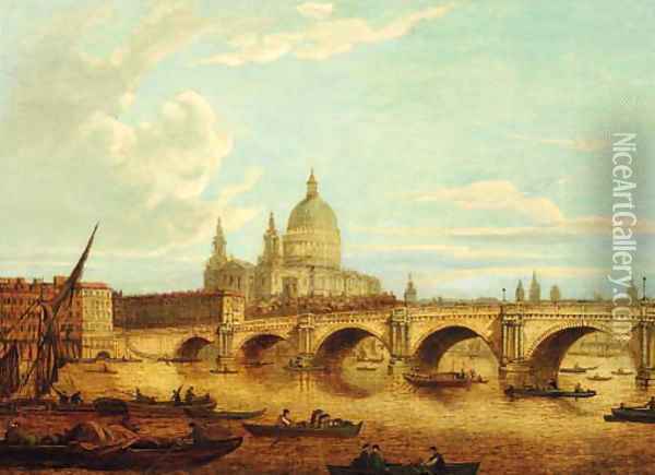 View of Blackfriars Bridge and St. Paul's Cathedral with shipping in the foreground Oil Painting - English School