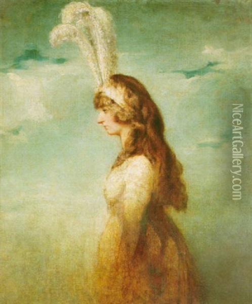 Portrait Of A Lady Wearing A White Dress And Ostrich Feather Headdress Oil Painting - Richard Cosway