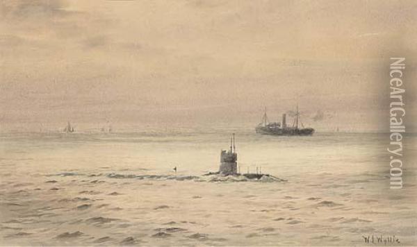 The Submarine H.m.s. Oil Painting - William Lionel Wyllie