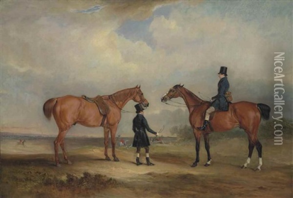 Two Gentlemen, One Leading A Chestnut Hunter, The Other On A Bay Hunter, In An Extensive Landscape With A Hunt, A Church Spire Beyond Oil Painting - John E. Ferneley