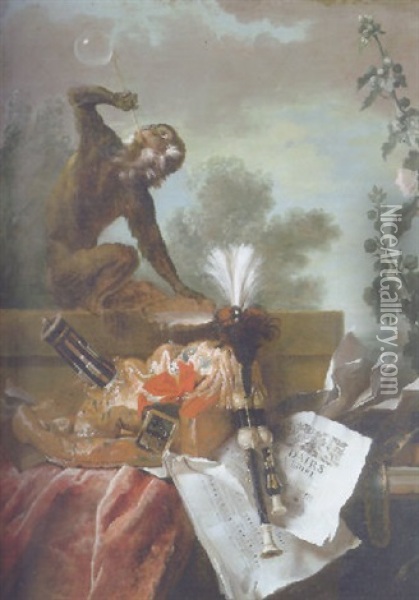 An Allegory Of Air: Musical Still Life With A Monkey Blowing Bubbles, A Musette, A Flute And Musical Scores Oil Painting - Jean-Baptiste Oudry