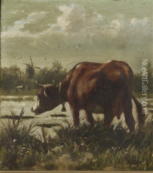 A Cow In A Landscape (+ A Cow By The Water's Edge; Pair) Oil Painting - William Frederick Hulk