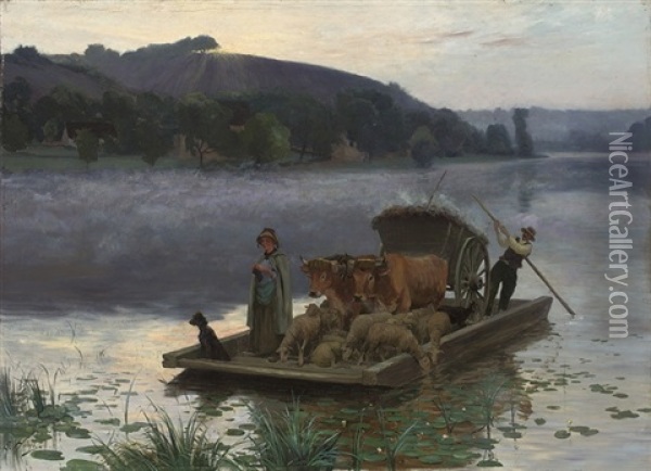 The River Ferry At Dawn Oil Painting - Ernest Victor Hareux