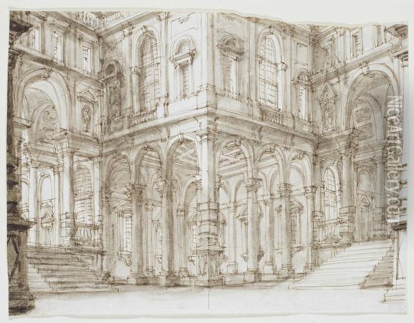An Architectural Capriccio Of A Courtyard Oil Painting - Carlo Galli Bibiena