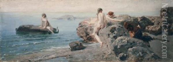 Naiads Spying On A Faun Oil Painting - Benes (Benesch) Knuepfer