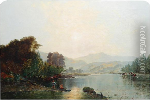 A Bright Morning On The River Usk Oil Painting - Edwin H., Boddington Jnr.