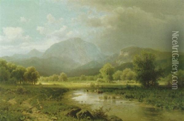 Gebirgstal Mit Kuhen An Der Tranke In Seichtem Wasser Eines Teiches Oil Painting - Adolf Chwala
