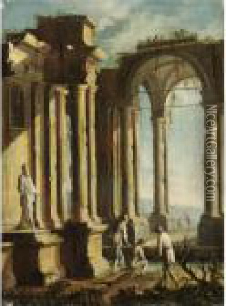 Capriccio Architettonico Con Figure Oil Painting - Gennaro Greco, Il Mascacotta