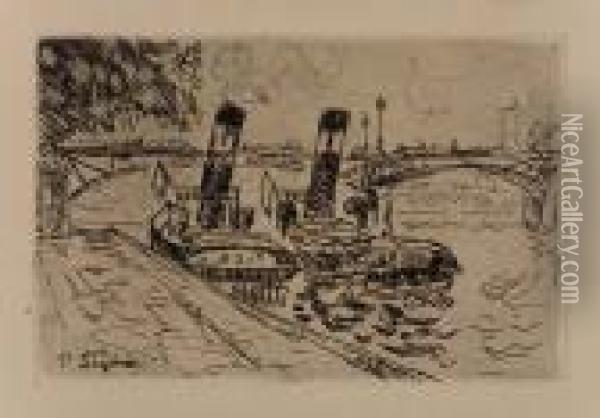 Paris: Le Pont Des Arts Avec Remorqueurs Oil Painting - Paul Signac
