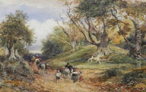 Travellers On A Woodland Road Oil Painting - David Cox
