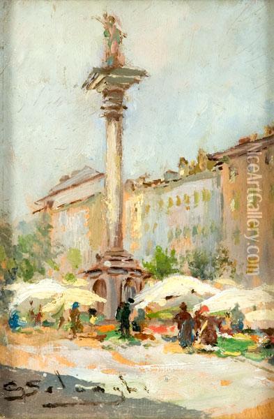 Piazza A Milano Con Mercato Oil Painting - Giuseppe Solenghi