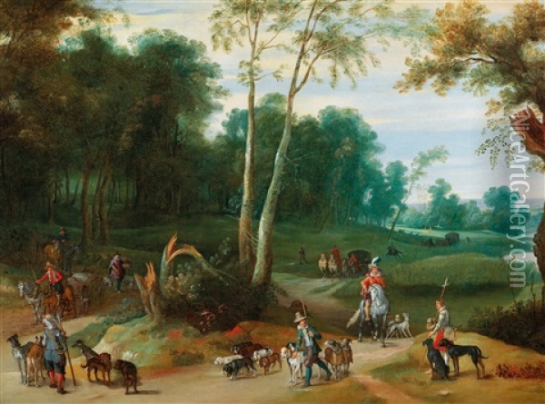 A Wooded Landscape With Huntsmen And Their Pack Of Hounds On A Path Oil Painting - Adriaen Van Stalbemt