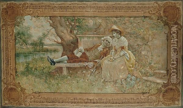 An Elegant Couple Reclining Beside A River Oil Painting - George Goodwin Kilburne