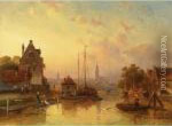 A View Of A Town By A River At Dusk Oil Painting - Charles Henri Leickert