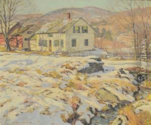 Winter Scene With Brook And Houses Oil Painting - George Gardner Symons