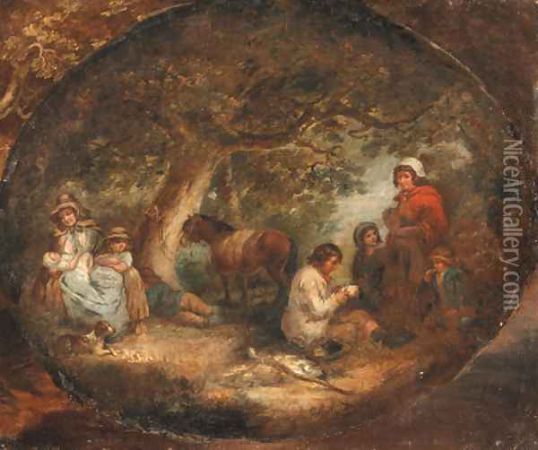 Travellers resting in a wooded landscape, in a painted oval Oil Painting - George Morland