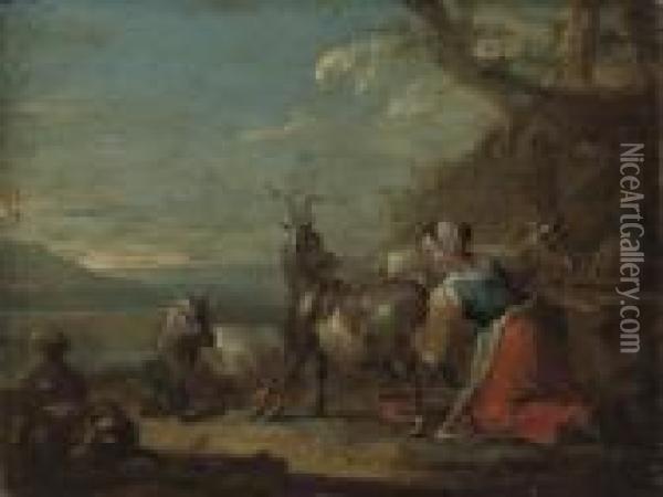 A Goatherd Milking In A River Landscape Oil Painting - Nicolaes Berchem