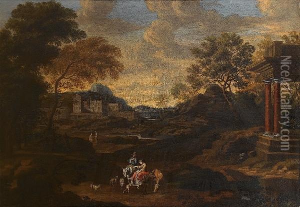 An Extensive Landscape With Travellers On A Country Path Beside Ruins Oil Painting - Jan Frans Van Bloemen (Orizzonte)