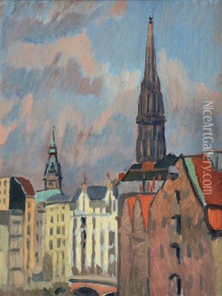 Magazines Of The Port Of Hamburg And Tower Of St. Niclas Oil Painting - Paul Kayser