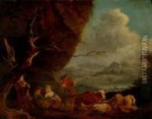 Drovers In An Extensive Landscape Oil Painting - Nicolaes Berchem